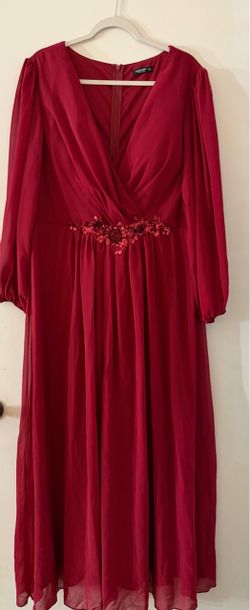 Red Chiffon Maxi Dress with Floral Waist Detaill