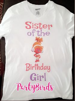 Sister of the birthday girl's trolls shirt