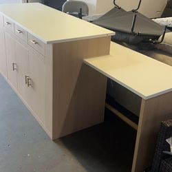 Extendable Large Kitchen Island with Storage 101"-128", White, Wood Top, Stationary Large Kitchen Cabinet with 4 Drawers, Adjustable Shelves & Pull-Ou