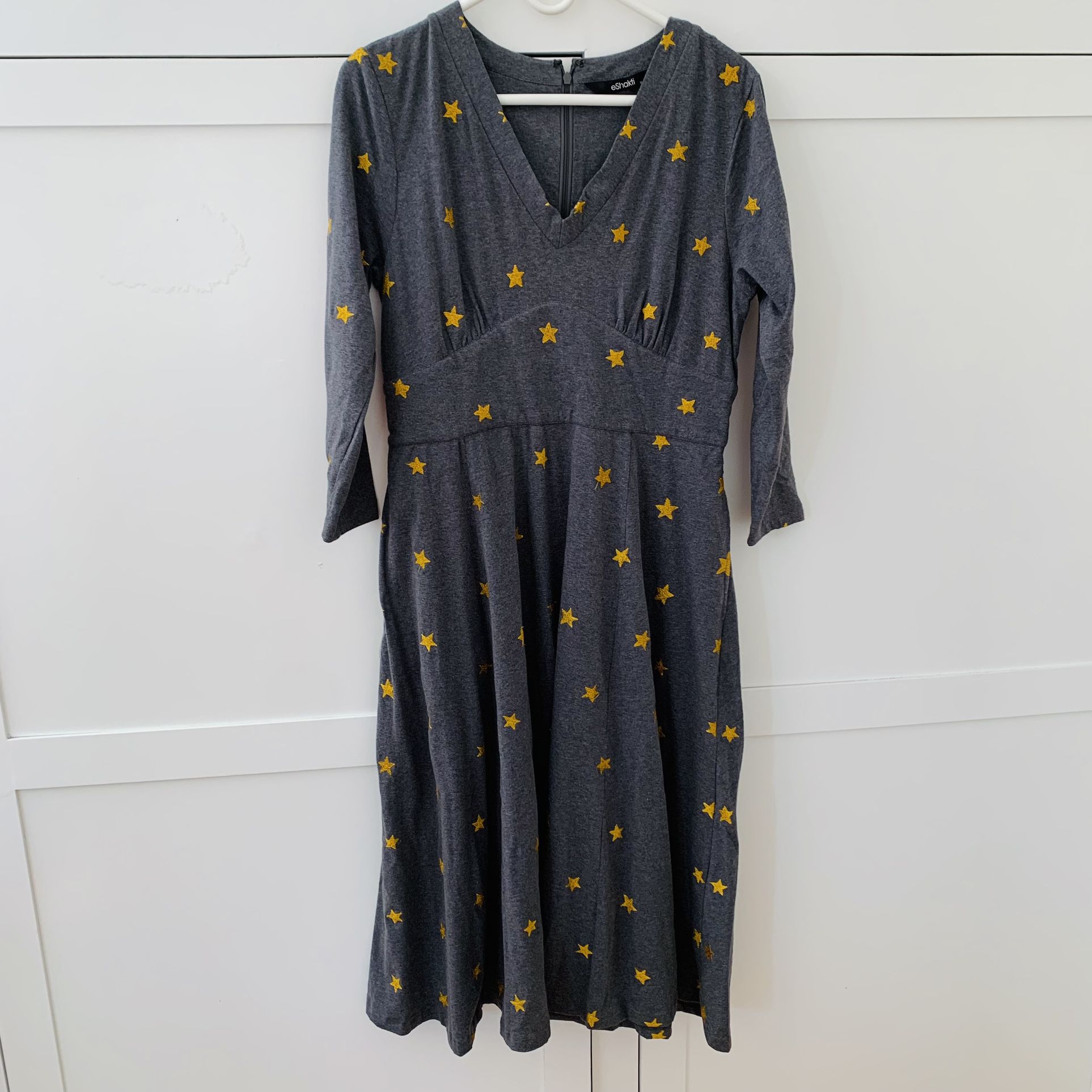 eShakti Gray Yellow Embroidered Stars V Neck Long Sleeve Midi Dress Size XL-16