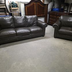 Gray Leather Couch and Chair with Nailhead Trim