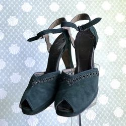 Vintage 1940s green suede leather platform peeptoe pumps, US 7.5 narrow