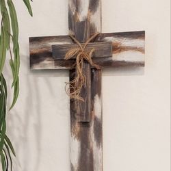 20"H X 12"D 🌱Solid Wood Cross ::: Distressed Graphic Charcol/White