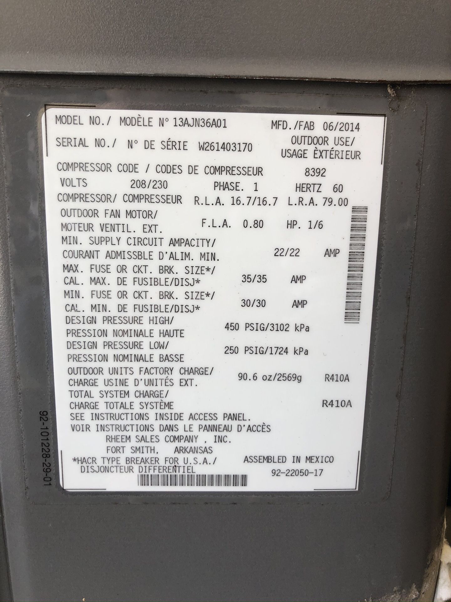Rheem 13AJN36A01 - Value Series 3 Ton, 13 SEER, R410a Air Conditioner Condenser