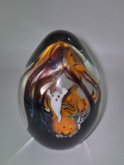 Halloween egg shaped paperweight ghost and pumpkin