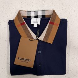 Burberry Men's Navy Polo Shirt with Iconic Check Collar