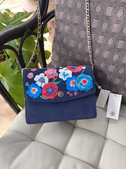 New Tory Burch Parker Floral Bag Suede Navy (NWT)