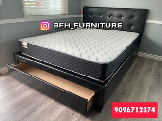 Full Size black leather bed with Orthopedic Mattress