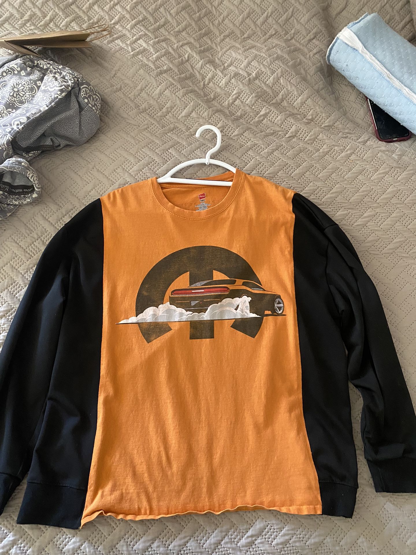 Large Upcycled Orange And Black Sweatshirt Camaro Theme. 