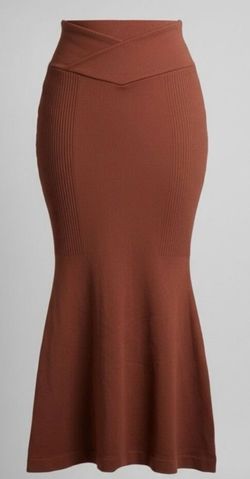 Brand New Halara Mocha Brown High Waist Ribbed Panel Mermaid Midi Skirt Stretch Size L