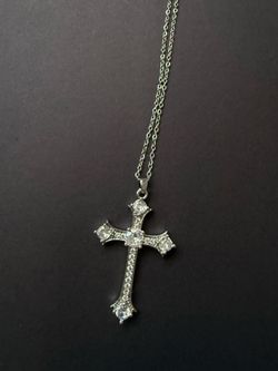 Gothic Cross Pendant Necklace Silver Tone CZ Rhinestone Stainless Steel Chain Y2K Jewelry