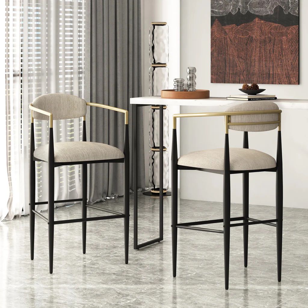 Modern Fabric Upholstered Iron 30 Inch Barstools (Set Of 2) - Beige, Black, And Gold