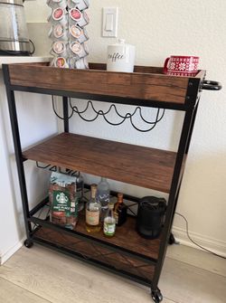 Rolling Coffee Bar Cart with Wine Glass Rack & Storage Shelves