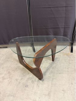 New Modern Coffee Table Triangle Glass Top Premium Wood Base (Light Walnut)
