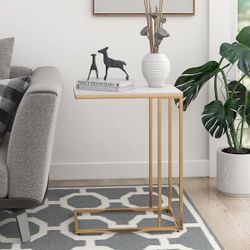 18.9 in. W x 11.8 in. D White Rectangular Marble C Table and Accent Table with Soft Gold Base