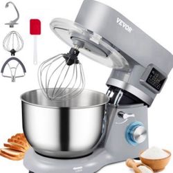 VEVOR Stand Mixer, 660W Electric Dough Mixer with 6 Speeds LCD Screen Timing, Tilt-Head Food Mixer with 5.8 Qt Stainless Steel Bowl, Dough Hook, Flat 