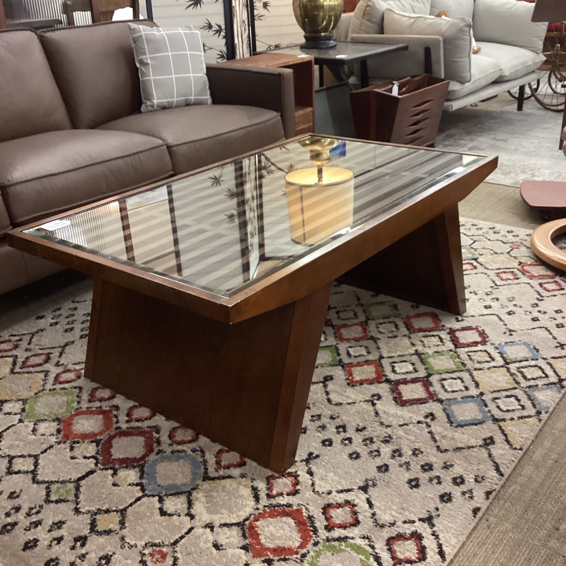 Slatted Wood Glass Top Coffee Table
