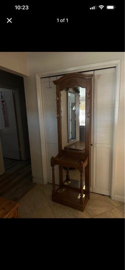 Wooden Hall Tree with Mirror and Hooks