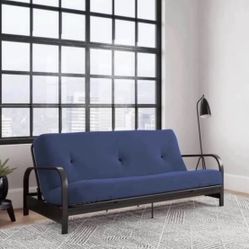 Black Metal Arm Full Size Futon Frame with 6” Blue Mattress