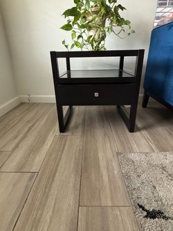 Black Wood Nightstand with Drawer and Shelf