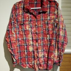 Vanilla Star Bleach Splatter Plaid Flannel Button Up Red Blue Shirt Top, Size L