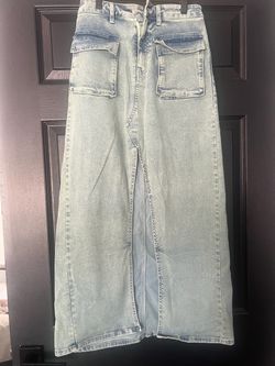 Light Wash Denim Maxi Skirt with Front Slit