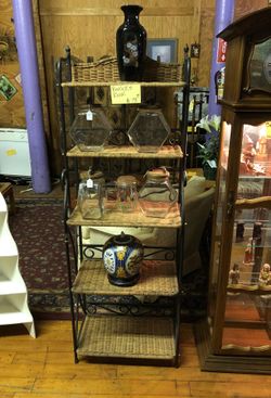 Wrought Iron and Wicker Bakers Rack