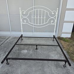 Queen Headboard And Frame- White Cast Iron