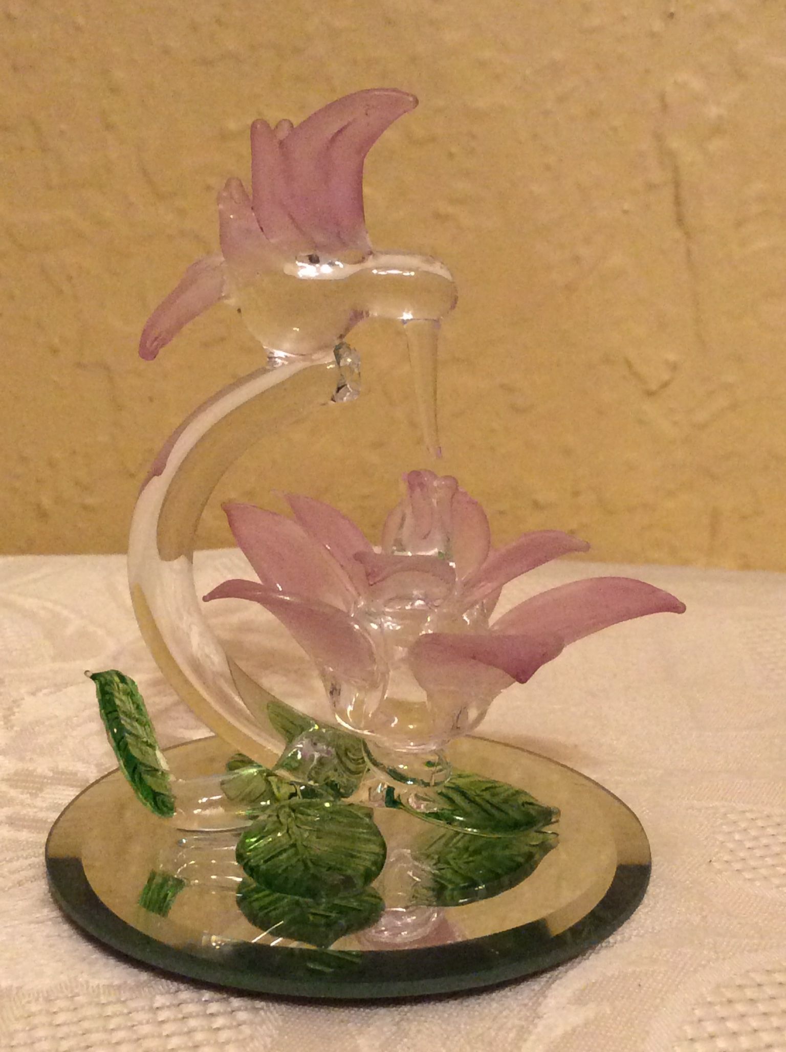 Vintage Hummingbird on a stem feeder, Pink Flower Spun Glass, hand blown figurine on a glass pedestal. Miniature approximate 4”. Beautiful piece of ar