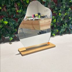 Asymmetric Tabletop Mirror with Wood Stand