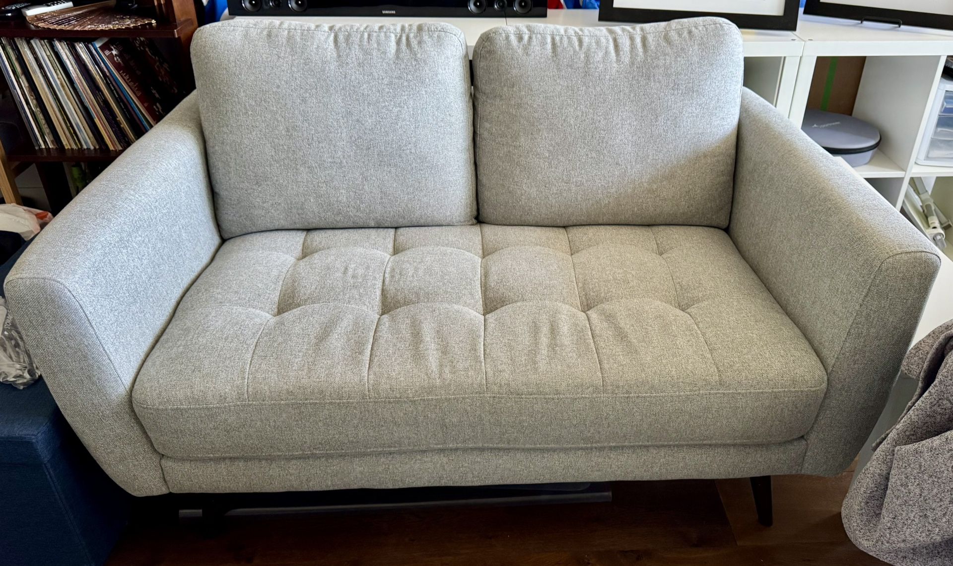 Living Spaces: Ginger Grey Fabric 59" Loveseat | Track Arms | Tufted | Loose Reversible Back
