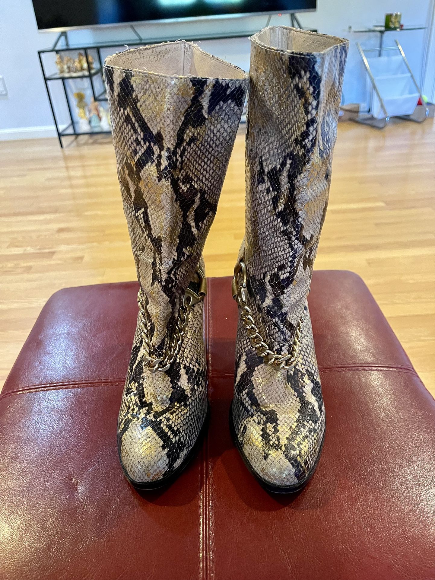 Michael Kors Vintage Y2K Pull On Boots Golden Brown Snake Skin Heel 3.5” Sz.9M