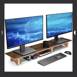 Large Dual Monitor Stand Riser - Solid Wood Desk Shelf With Eco Cork Legs For Laptop Computer/TV/PC/Printers, Perfect Desktop Stands Organizer With Un