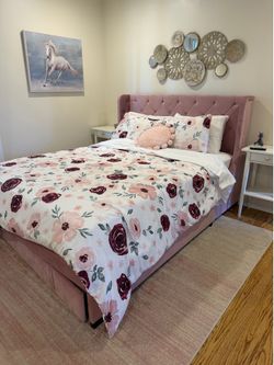 Pink velvet queen bed with storage
