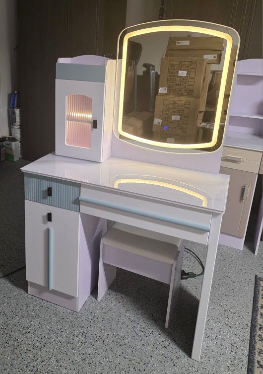 modern vanity desk with LED lights 