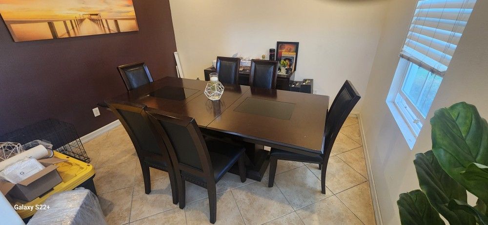 Modern Dining Table - With 6 Leather Chairs, China Cabinet