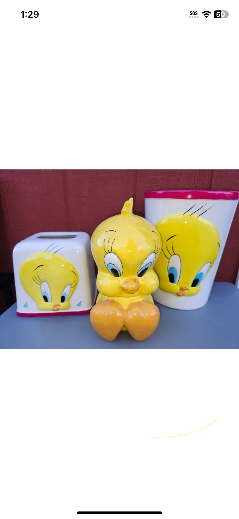 Looney Toons- Tweety Bird - 3 pc set - Cookie Jar - Tissue Holder - Trash Can