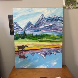 LARGE Moose Mountainside Reflection oil Painting 