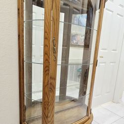 Antique Curio Cabinet Lighted Mirror Back& Glass Shelves