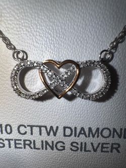 Diamond Silver Double Heart Necklace w/ Box