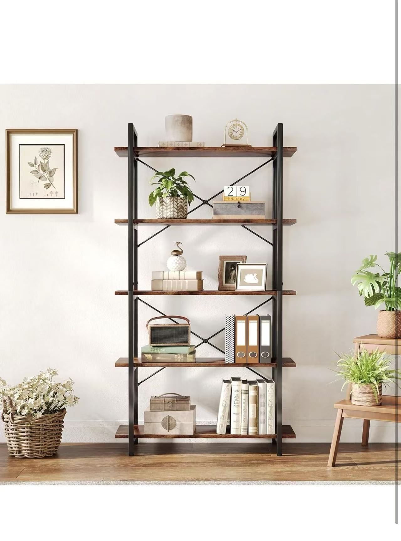 LITTLE TREE 63" Bookshelf, 5-Tier Storage Shelf, Industrial Style Etagere Shelf for Corner, Living Room, Bedroom, Study, Office, Brown + Black $ 90