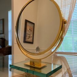 Karl Springer - Large Brass Gold Double Sided Magnifying Vanity Mirror With Glass Base 