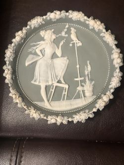 Antique German Green Jasperware Pin Tray / Hanging Wall Plate.