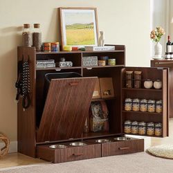 Large Dog Food Storage Cabinet & Dog Feeding Station, Dark Walnut Multifunctional Wooden Pet Storage Cabinet for Cats & Dogs, Hidden Trash Can Compart