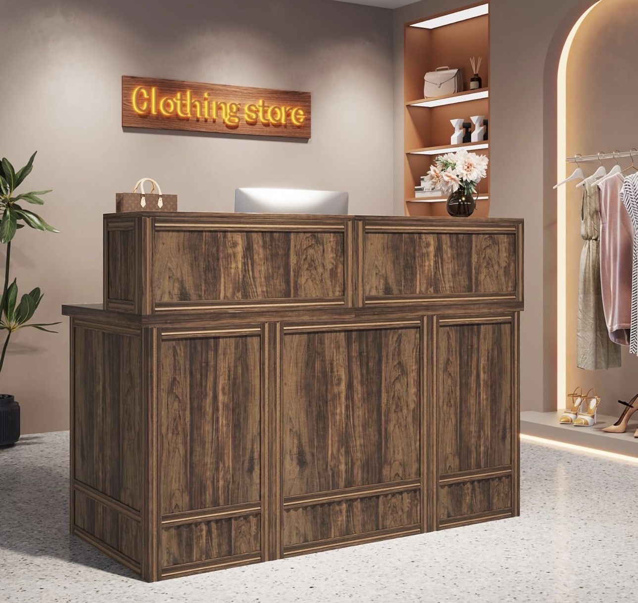 YS0306 Reception Desk with Counter, 57-Inch Rustic Front Desk Receptionist Table, Boho Welcome Desk Checkout Counter for Office, Retail, Lobby, Beauty