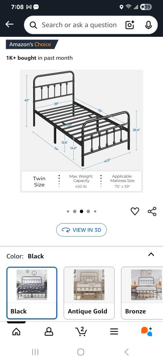 Twin Metal Bed - Black - NEW