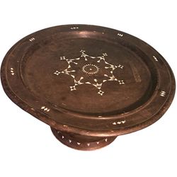 Antique Balinese Offering Tray Teakwood Mother of Pearl Inlay Round Pedestal