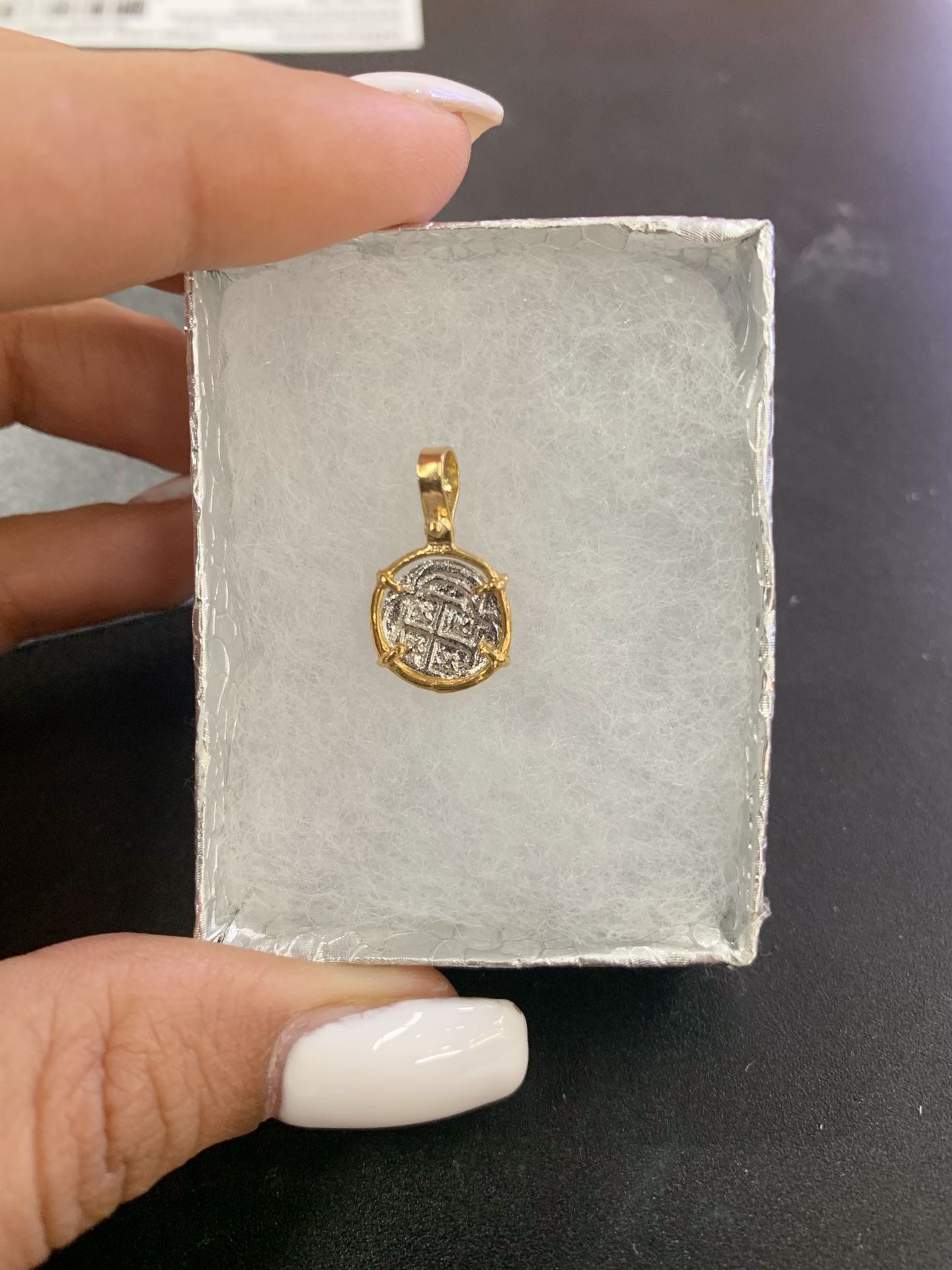 Beautiful mini Atocha silver coin pendant in gold bezel