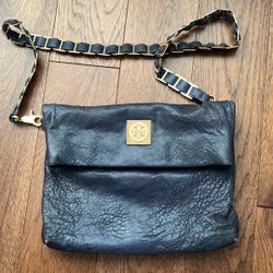 Tory Burch Dena Fold Over Convertible Gold Chain Navy Leather Shoulder Bag