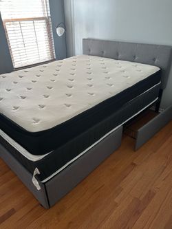 Gray Tufted Upholstered Bed Frame with Storage Drawers